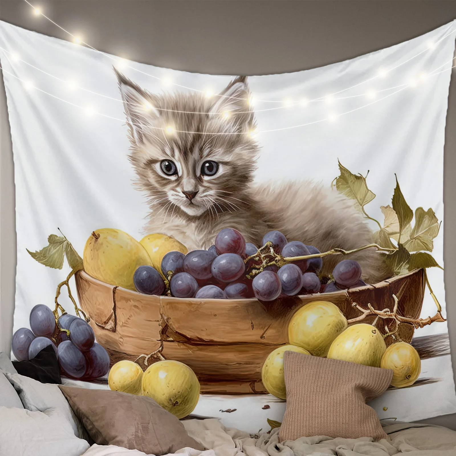 Kitten Fruit Grapes Tapestry Wall Hanging Boho Wall Tapestry Xmas Bedroom Living Room Decor Hanging Cloth