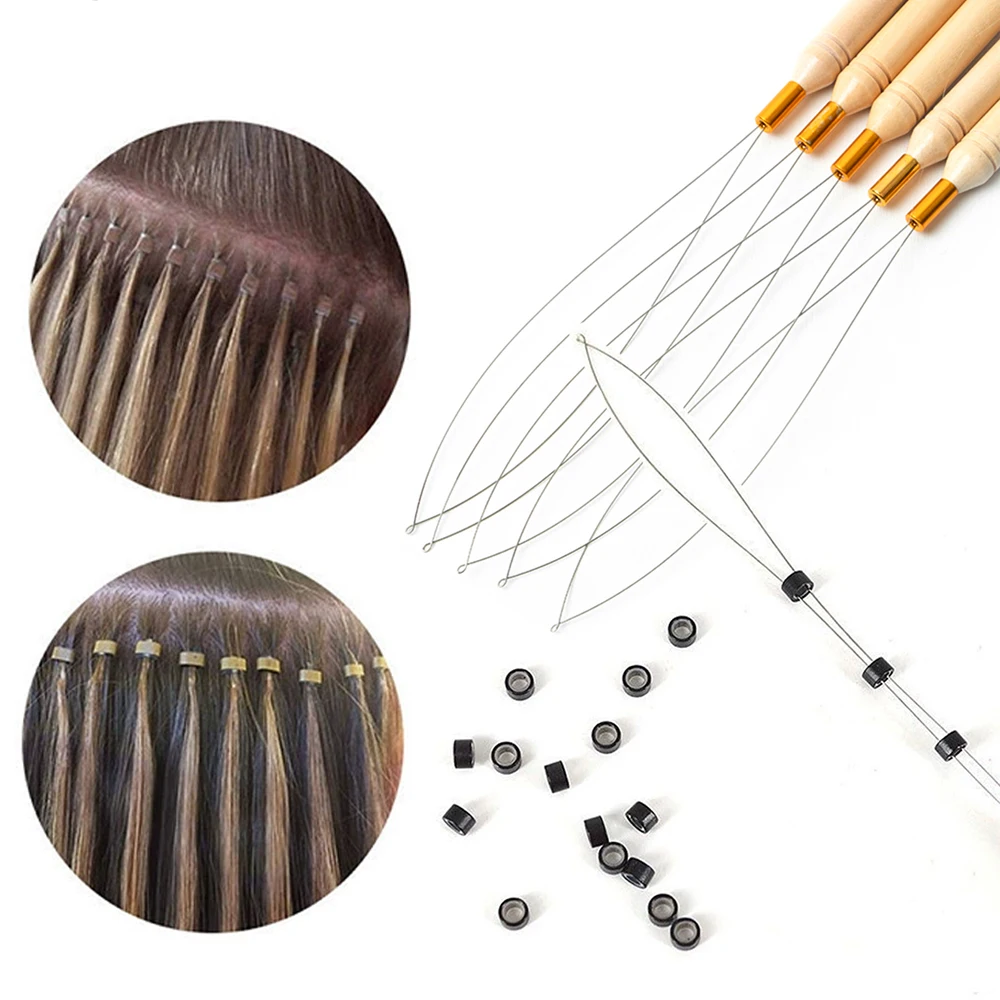 1/3/6/12PCS Hook Needle Tools Wooden Handle Hook Needle Lace Wig Making Knitting Micro Rings Loop Hair Extension Weaving image 2