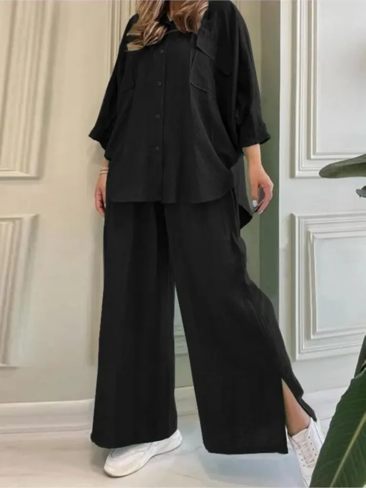 2024 Spring Summer New Pants Sets Women Solid Color Casual Loose Shirts Slit Wide Leg Trousers Two Piece Set Lady Commuting Suit