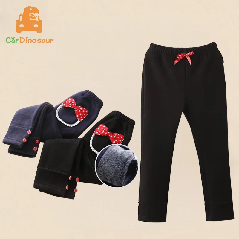 2025 Winter 3 4 6 8 10 Years Children Solid Color Black Navy Blue  Bow Dot Lace Kids Baby Girls Thickening Plus Velvet Pants