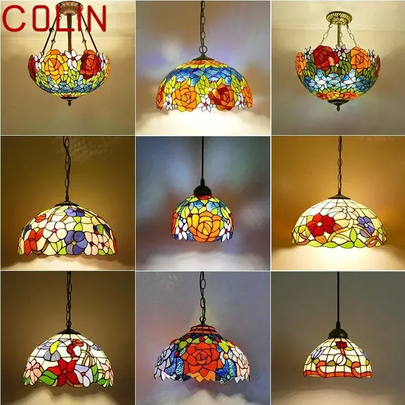 COLIN Tiffany European Chandelier Vintage Restaurant Bedroom Coffee Shop Bar Villa Corridor Color Glass Pendant Lamp