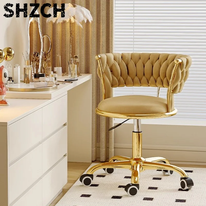 Samt-Akzent-Drehhocker, höhenverstellbarer mobiler Make-up-Stuhl, gleitender Schminkhocker für Nagelstudios, nordischer Stil, Bürostühle