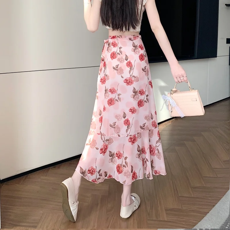 Ele Floral Lace Fi Tail กระโปรง f-length ผู้หญิงฤดูร้อน One-piece Slit Lotus Le กระโปรงเส้นใยโพลีเอสเตอร์ Midi กระโปรง