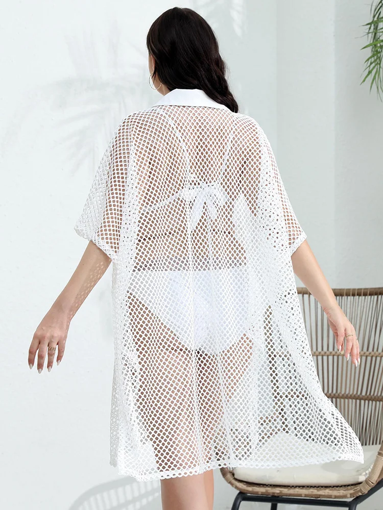 GIBSIE Plus Size White Hollow-Out Beach Shirt Dress Women Summer Half Sleeve Holiday Beachwear Split Bikini Cover-Ups Female