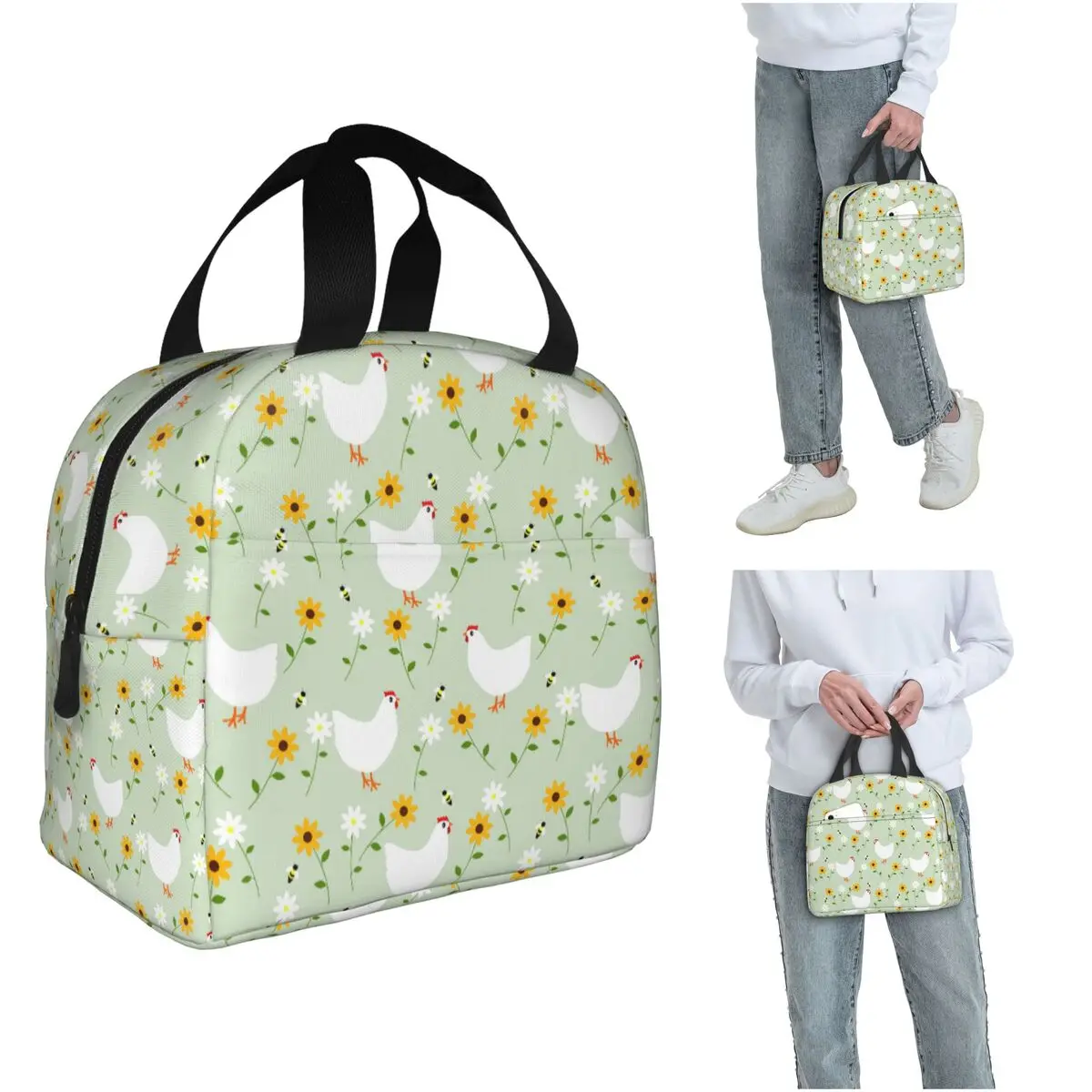Isolierte Lunchtasche mit weißen Hühnern und Blumenmuster für Damen und Kinder, auslaufsichere Lebensmittelboxen, Thermo-Lunchbox-Tragetasche
