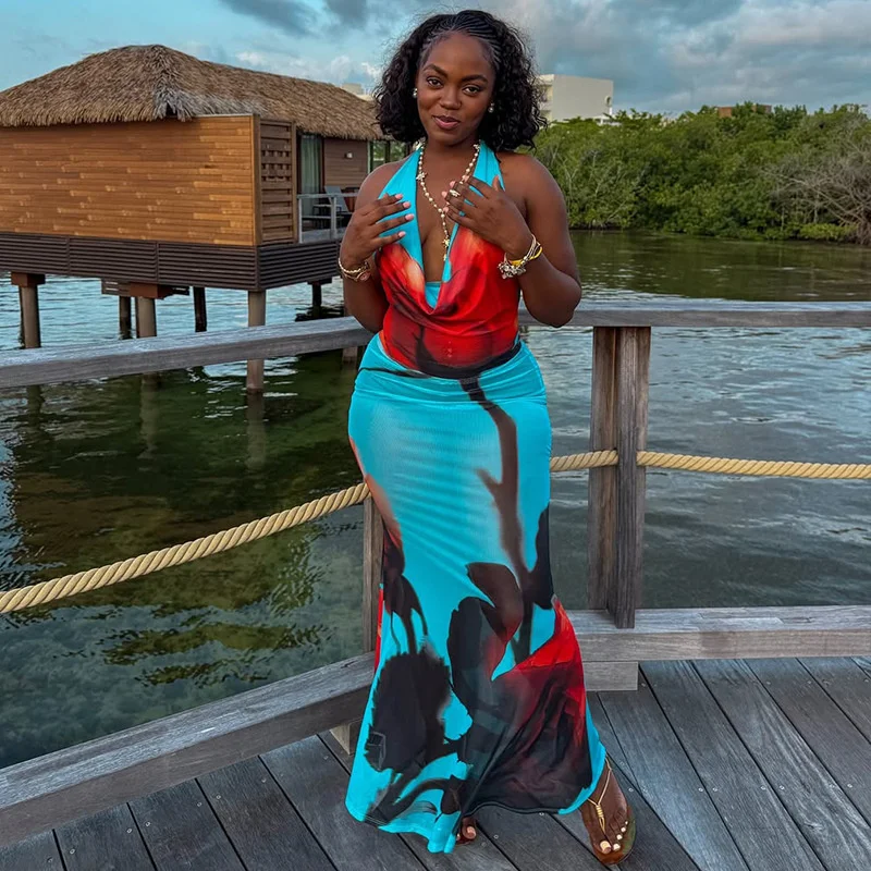 Sukienka letnia damska 2025, halter, odkryte plecy, bez rękawów, kwiatowy wzór, długa sukienka, wakacje, seksowna, obcisła, dopasowana, stroje plażowe, nowa