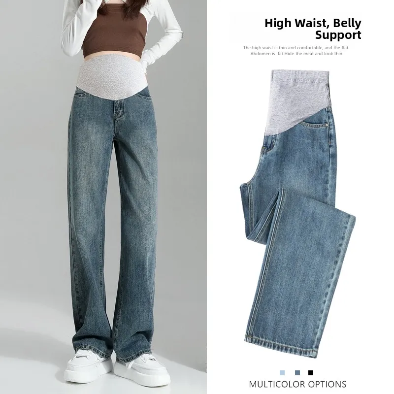 Calças Jeans de Maternidade de Cintura Alta Forradas com Fleece Estilo Outono Inverno Confortáveis e Casuais para Mulheres Grávidas