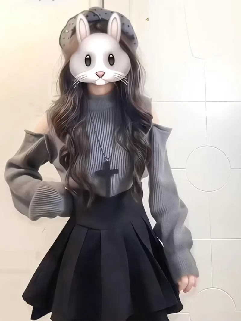 Japanese Sweet Retro Temperament Gray Off Shoulder Sweater+short Skirt 2 Piece Set for Short Person Girl Chic Clothes Spring New