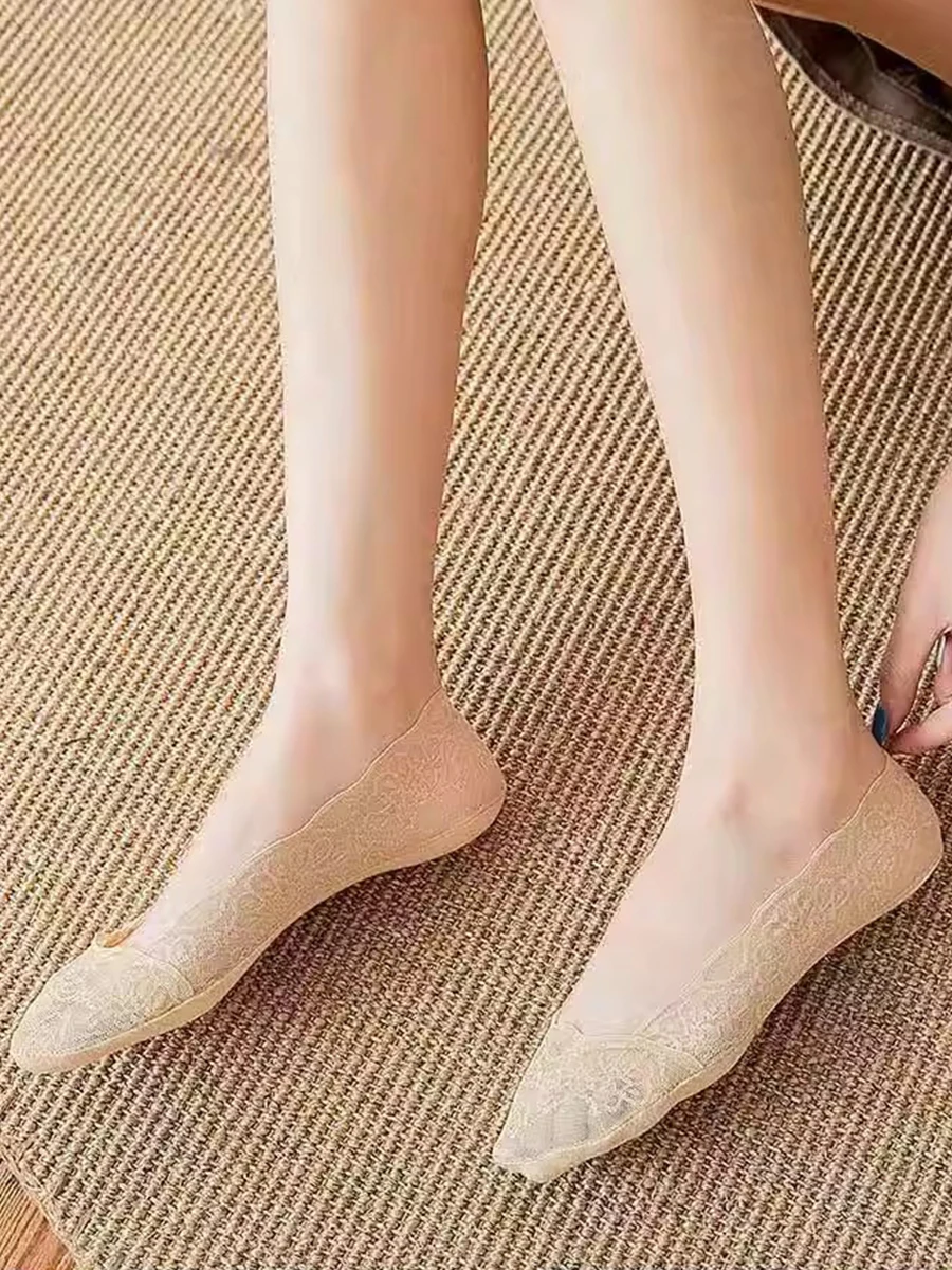 5 Pairs Socks Women\'s Summer Slippers Socks Invisible Boat Mesh Lace Thin Short Fashion Silicone  Non-slip Cool Sexy Breathable