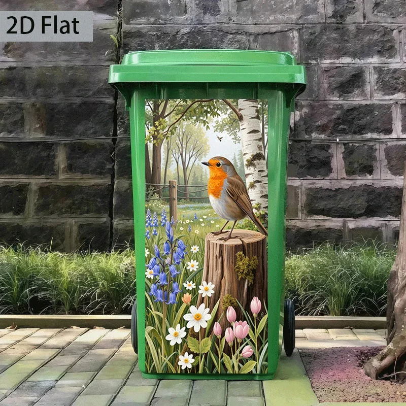 Trash Can Sticker Robin Stump Floral Design Decal 2D Flat Bin Cover Outdoor Home Decorations Removable Peel Stick Garden Themed