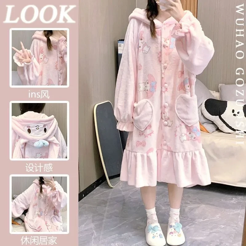 

Cartoon Cute Sanrio Hoody Cardigan Robe My Melody 2pcs Nightgown Suit Autumn Winter Coral Velvet Thickened Housewear Pajamas