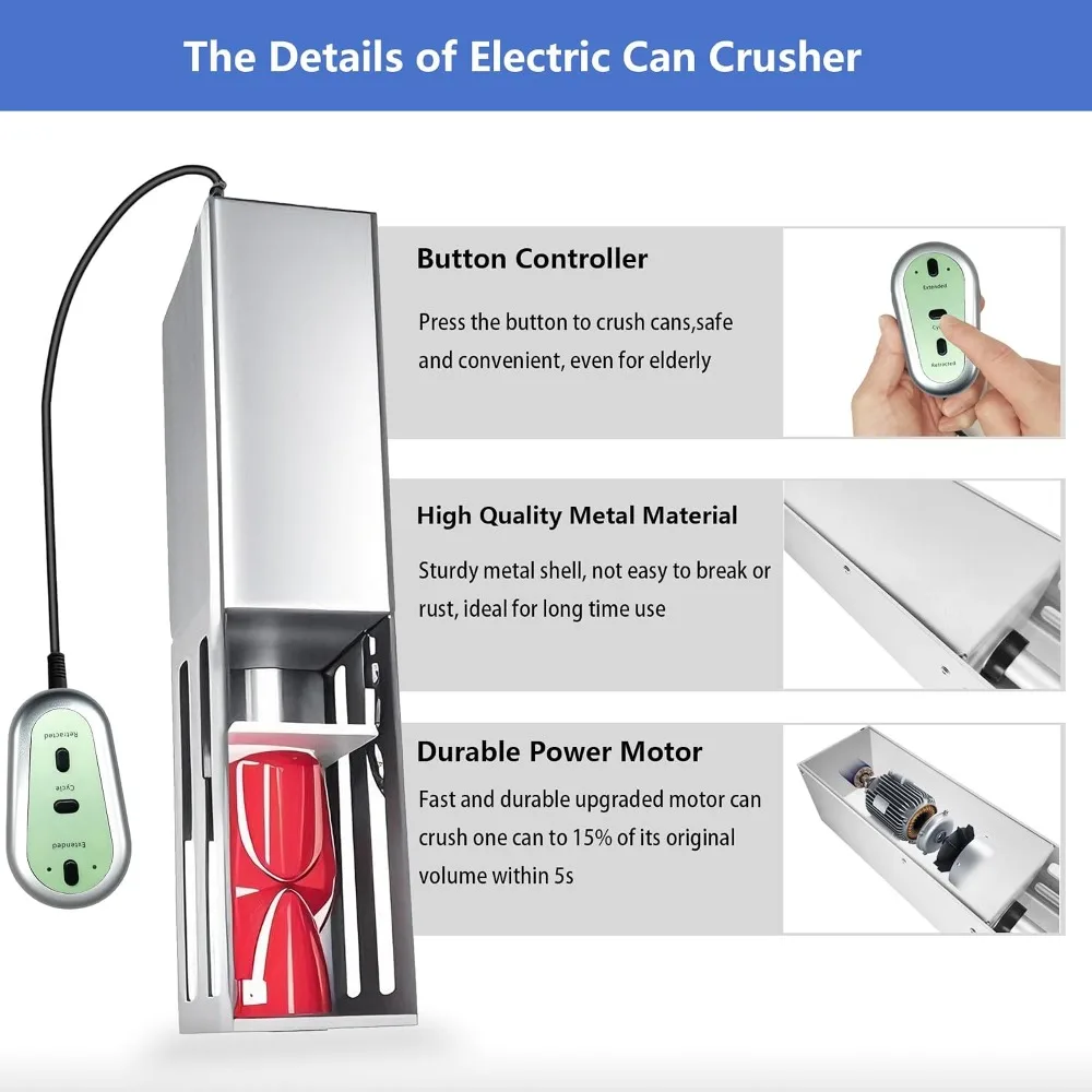 Electric Can Crusher with Button Controller, Auto Cycle Mode for 8/12/16oz Cans, Countertop Smasher for Recycling Aluminum Seltzer, Soda, Beer Cans, Silver - view 6