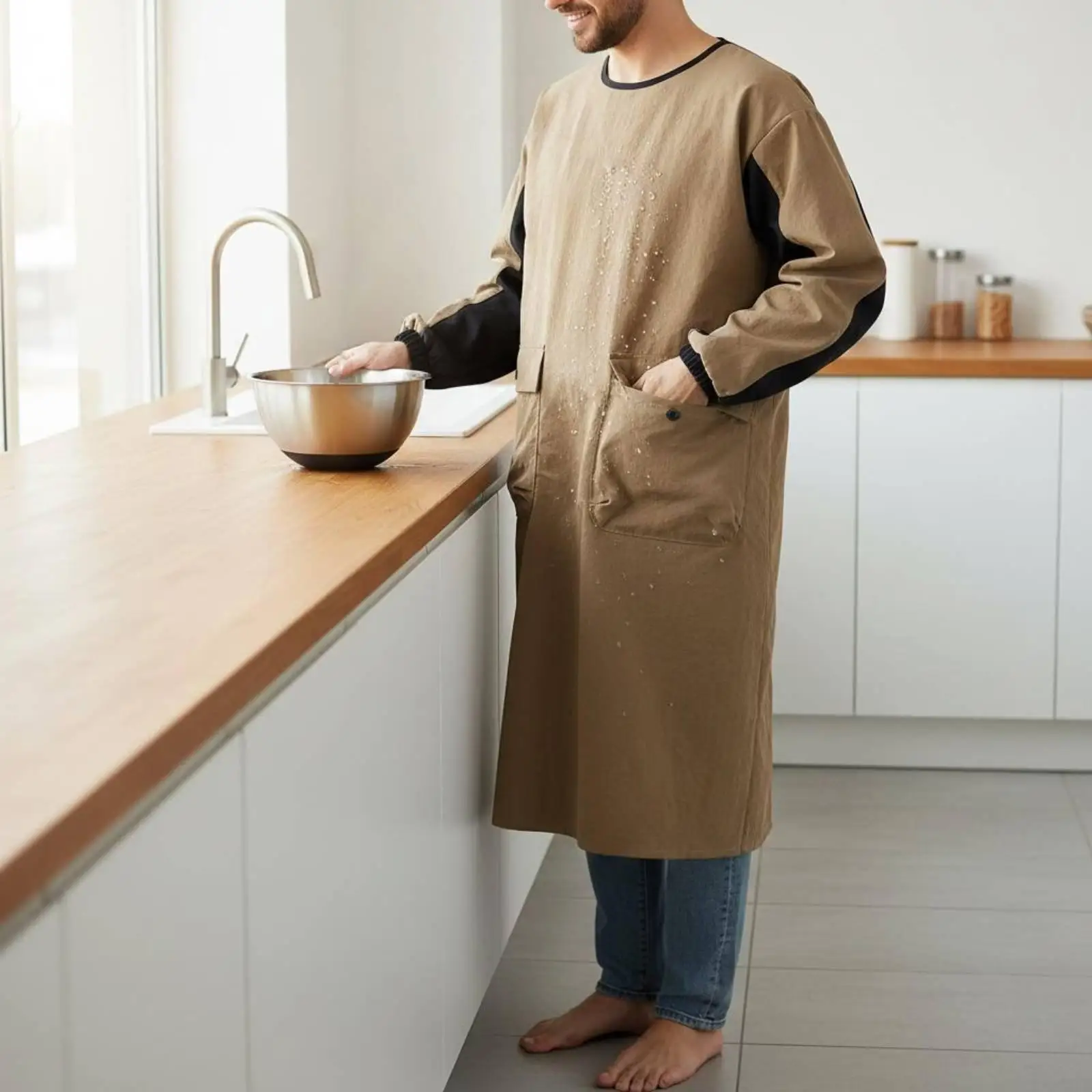 Apron Waterproof Kitchen Full Coverage Elastic Cuffs Big Size Stylish Nylon Workwear for Painting Restaurant Chef