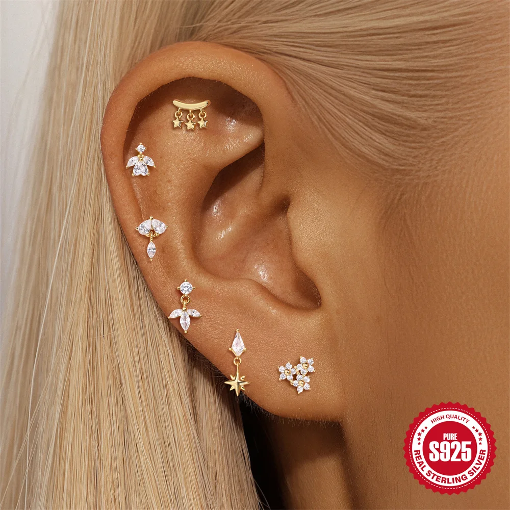 CANNER 1PC 925 Sterling Silver Horse Eye Star Moon Geometric Flat Head Thread Piercing Stud Earring For Women Ins Tassel Earring