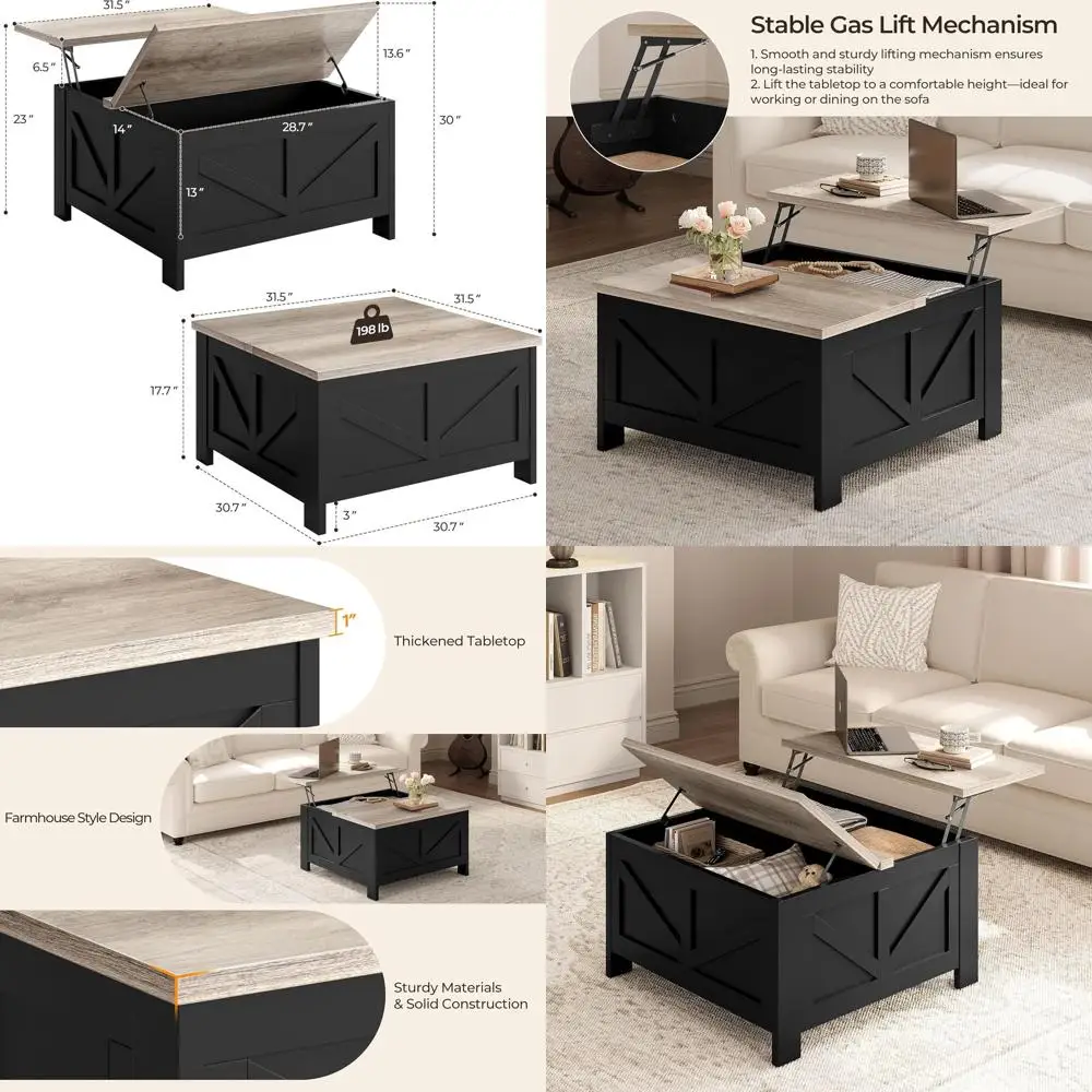 

Квадратный журнальный столик с местом для хранения, 31,5 дюйма, для гостиной, черный и серый, с большим скрытым отделением