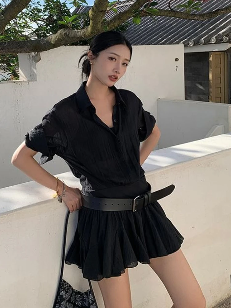 Abiti camicia vintage estivi Nuovo falso in due pezzi Harajuku Y2k Camicia a maniche corte Abito a pieghe Corea Chic Patchwork Abiti da donna