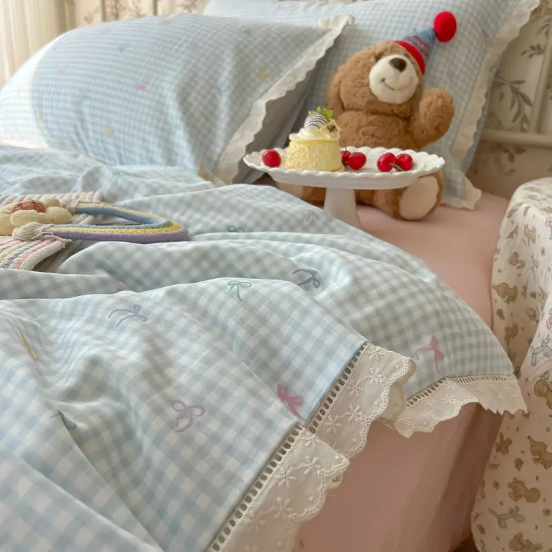 

Cream Style Lace Double Layer Gauze Washed Cotton Bedding Sets 4pcs Bed Sheet Fitted Sheet Dormitory Bed Sheet Sets