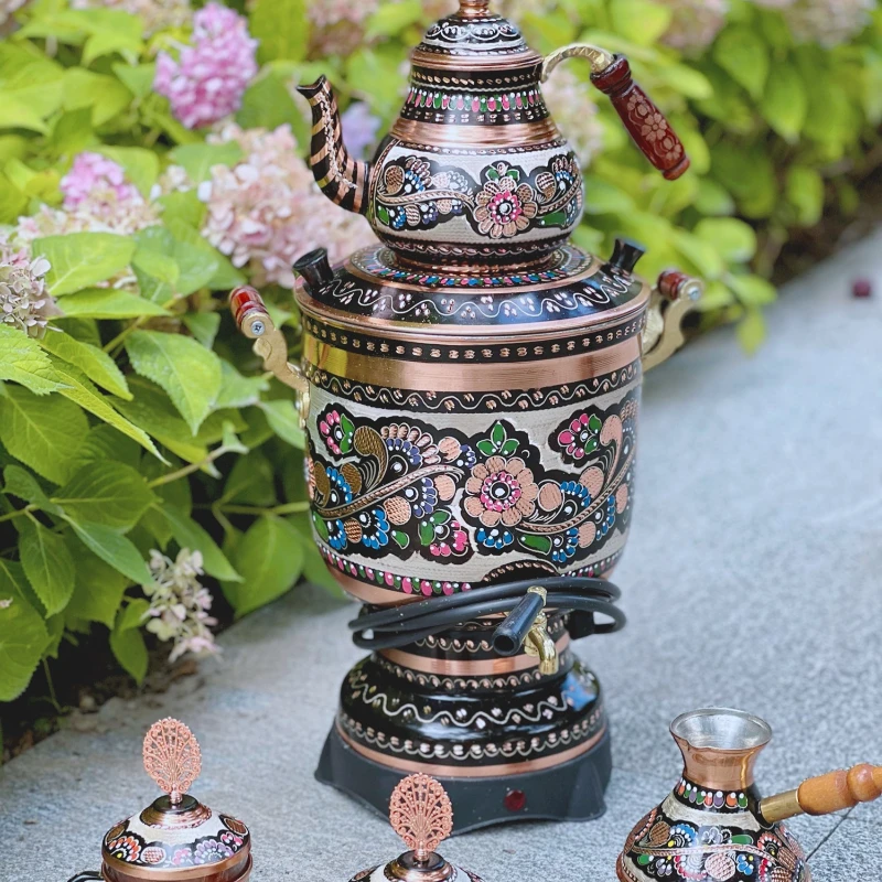 Electric Heating Black Tea Teapot Sets Hand-Carved Hand-Painted Red Copper Heating Pot Upper and Lower Layered Kettle