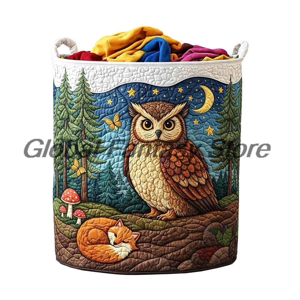 Cute Cozy Owl Vintage Quilted Laundry Basket Clothes Foldable Storage Bin Home Organizer Hamper with Handles