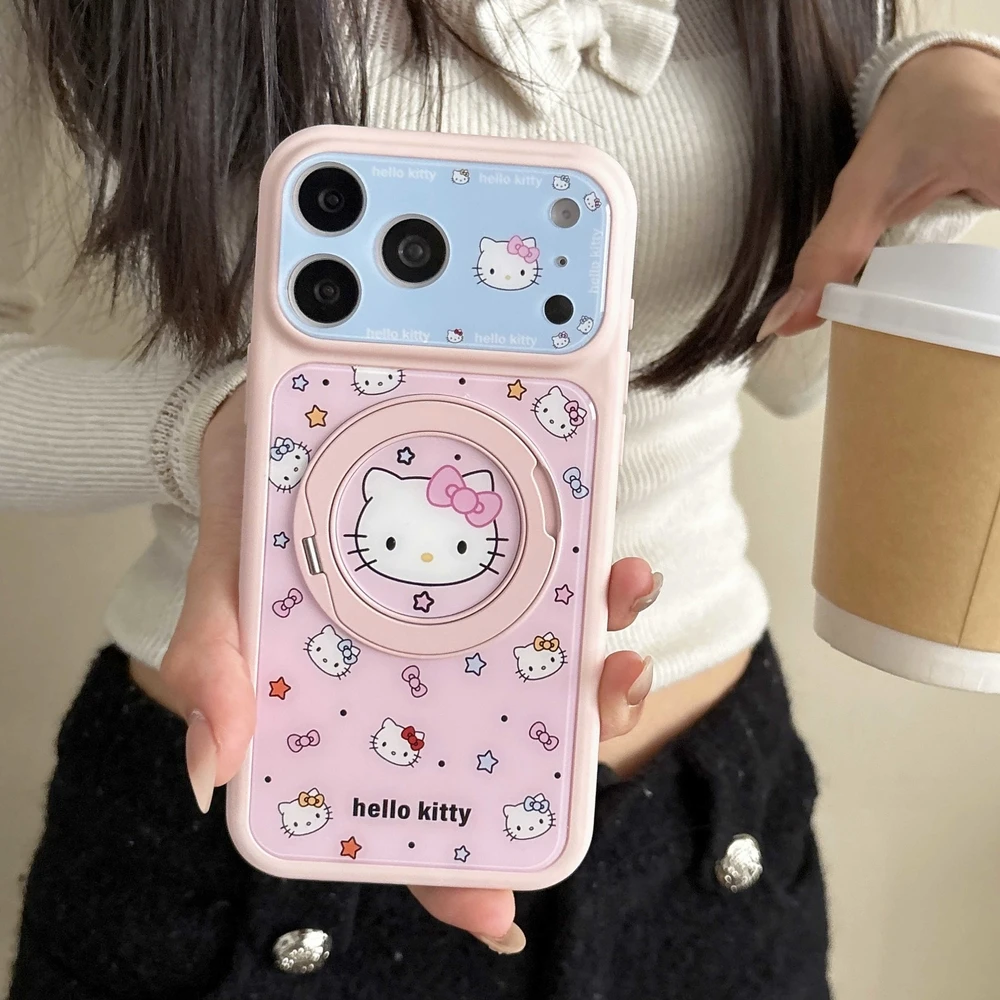 Cute Cartoon Sanrio Y2K Hello Kitty Star Phone Case 360°Rotation Stand Holder For iPhone 17 16 15 Pro Max With Ring Holder Cover
