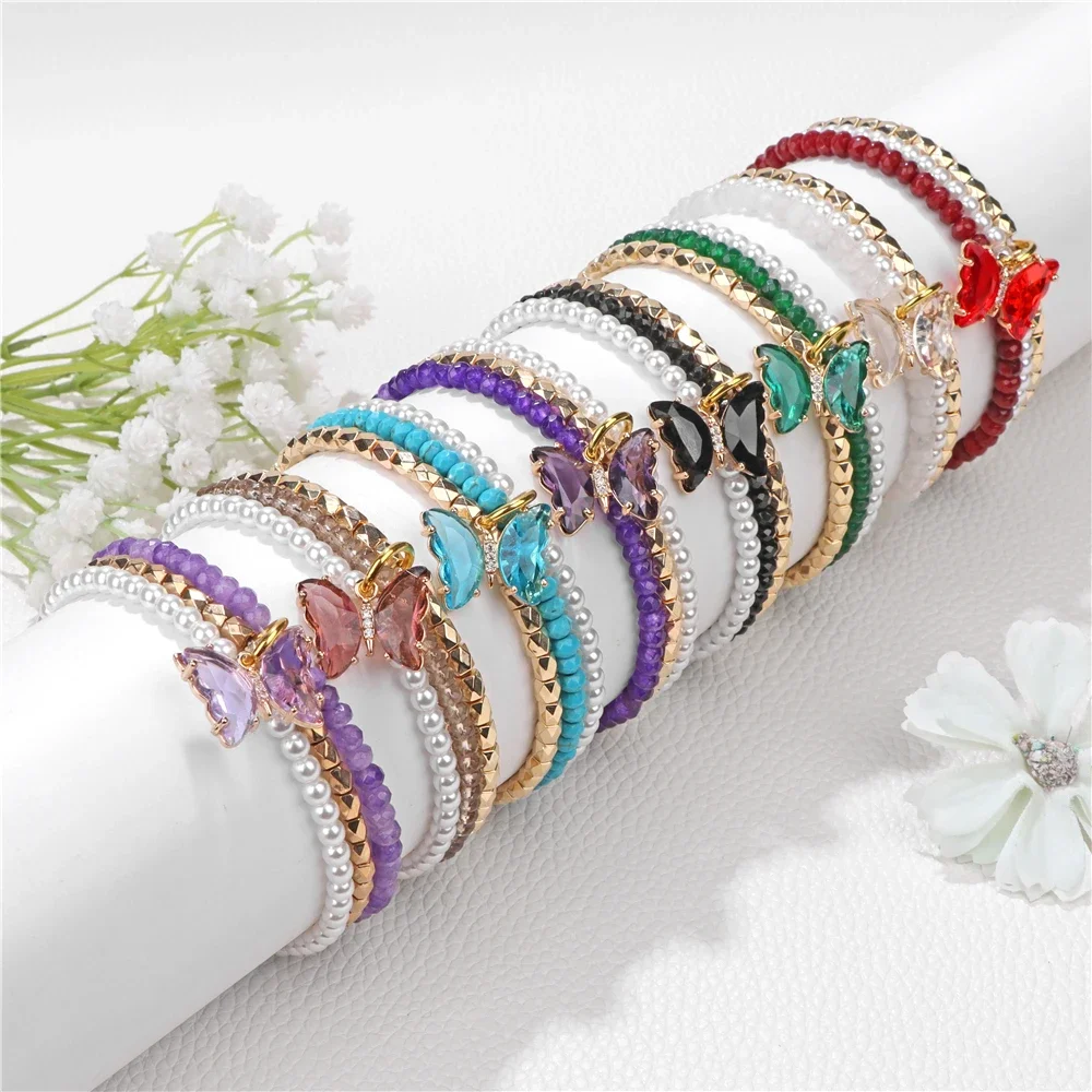 Shiny Colorful Crystal Butterfly Shape Charm Bracelets Natural Stone Quartzs Bracelets Set For Womne Girl Cute Designer Jewelry