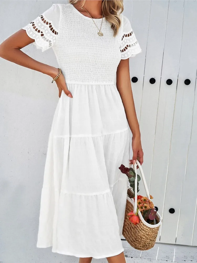 

Summer Simple Commuting Solid Color Temperament Hollow Dress Women's Comfortable And Elegant Waisted Short-sleeved Dresses