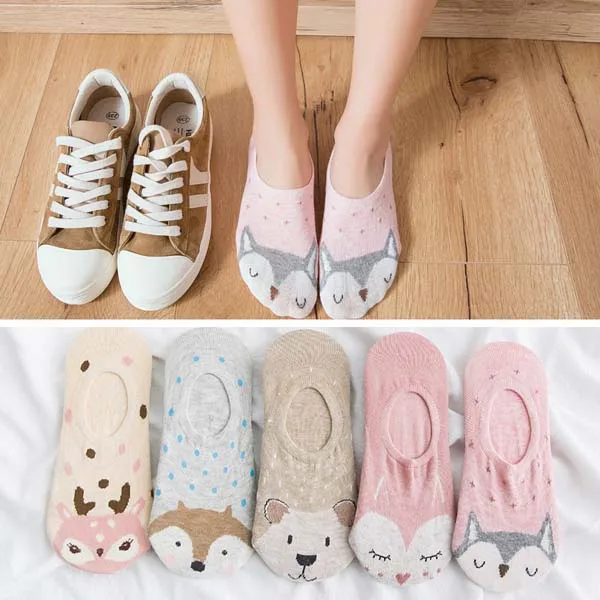 5 Paar koreanische Sommer-Damensocken mit Cartoon-Tiermotiv, Bär, Maus, kurze Socken, niedliche, lustige, unsichtbare Baumwoll-Kawaii-Knöchelsocken, Größe 35–40 – Detail 8