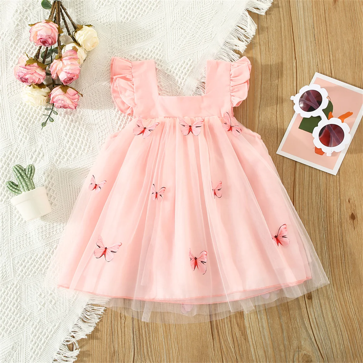 Summer New Dress Sweet Solid Color Flying Sleeves Mesh Butterfly Princess Dress Party Dress Suitable for 0-3 Year Old Babies