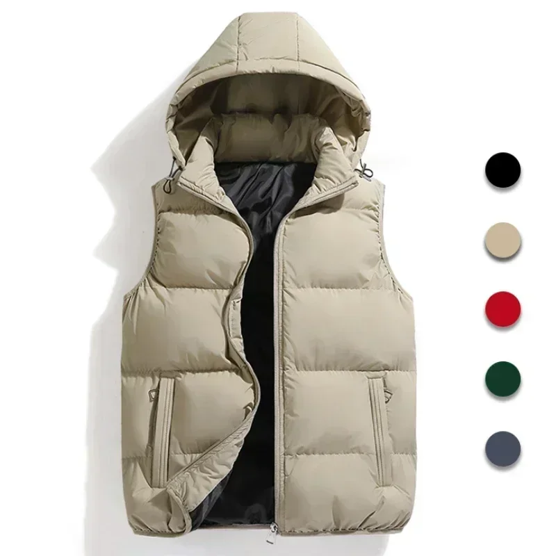 

2025Men's autumn and winter new thick sleeveless warm vest solid color casual hooded vest hat detachable zipper coat men's vest.