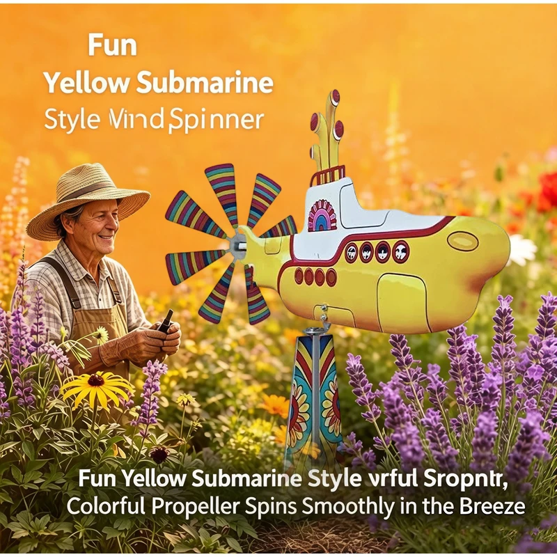 Nuevo y Bonito Adorno de Molino de Viento Metálico de Colores, Creativo Molino de Viento Giratorio con Forma de Submarino Amarillo, Manualidades para Decoración de Jardín Exterior