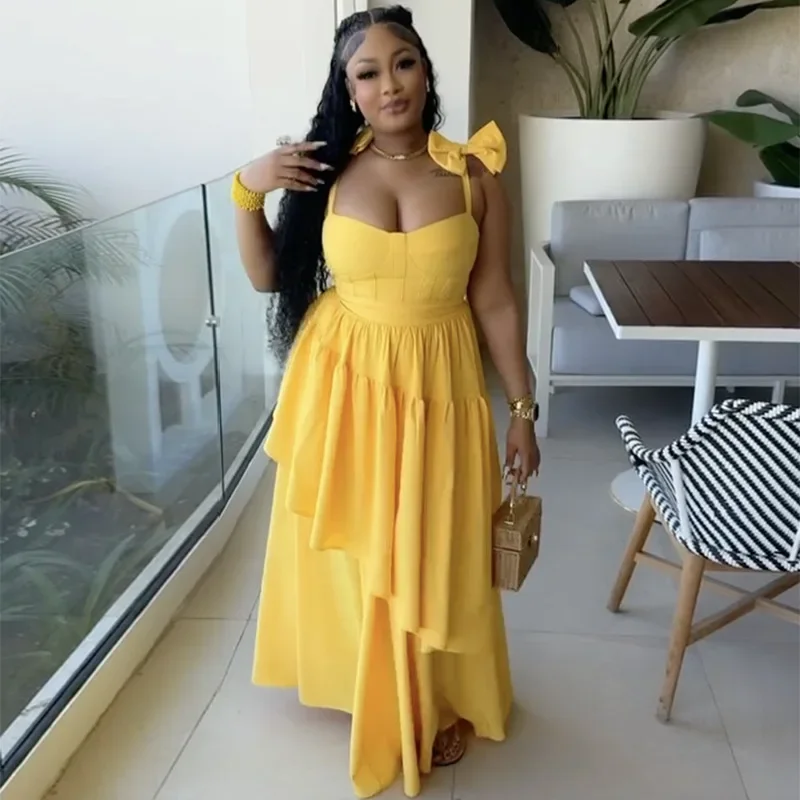

Women Sleeveless Strap Bow Ruffles Long Maxi Dress 2025 Holiday Beach Birthday Evening Sexy Girl Party Dresses Vestidos