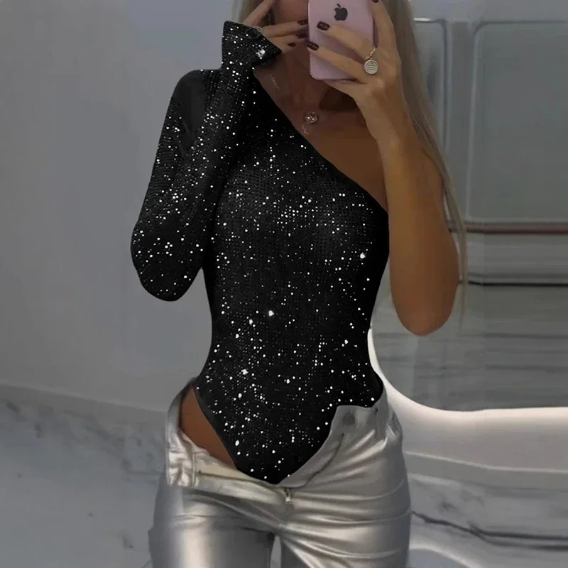 Spring Shiny Diamonds Sequin Bodysuits Sexy Women Hollow Out One Piece Romper Jumpsuit New Ladies One-shoulder Tube Top Playsuit