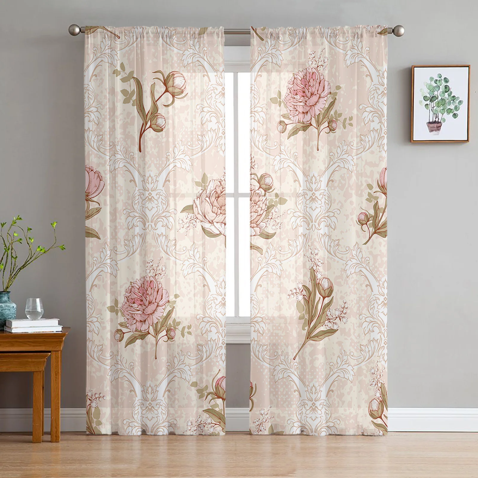 Dahlia Flower Leaves Retro Tulle Curtains for Living Room Bedroom Voile Sheer Curtain Window Home Decor Drapes