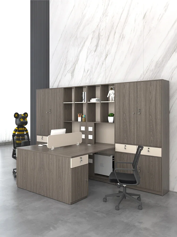 Double seat with high cabinet, simple modern supervisor and staff office desk and chair combination