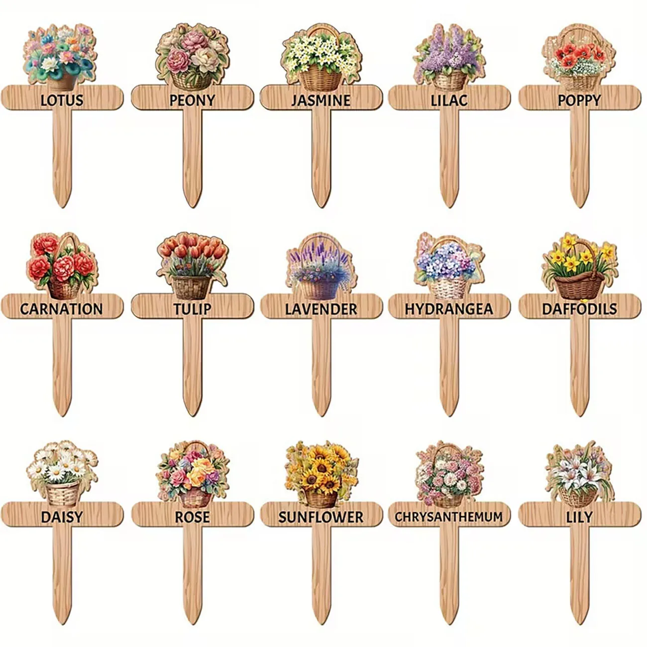 15 Pcs Wooden Cartoon Flower Plant Markers Garden Stakes Tags for Flower Pot Planting Decoration