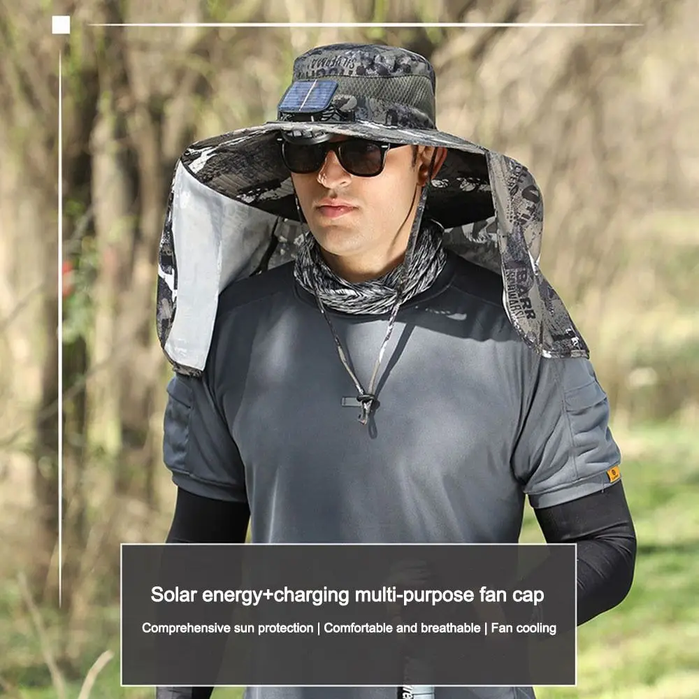 

Wide Brim Solar Fan Hat with 2 Solar Fan Sun Protection Bucket Hat With Neck Flap Breathable Fishing Hat