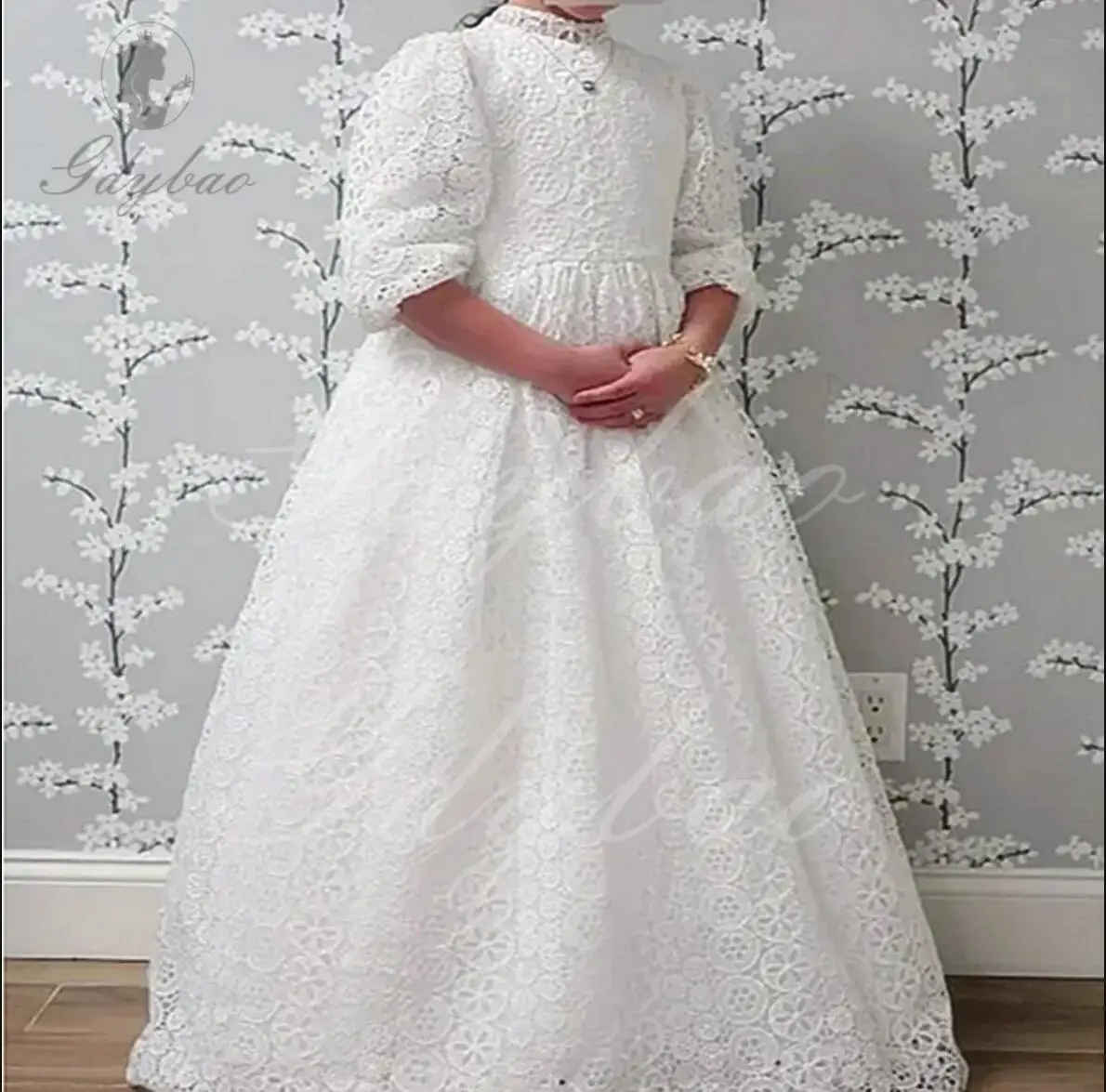 

Balloon Sleeve Hollow Out Lace Flower Girl Dresses For Wedding Princess High Waist Toddler Pretty Pageant First Communion Gown