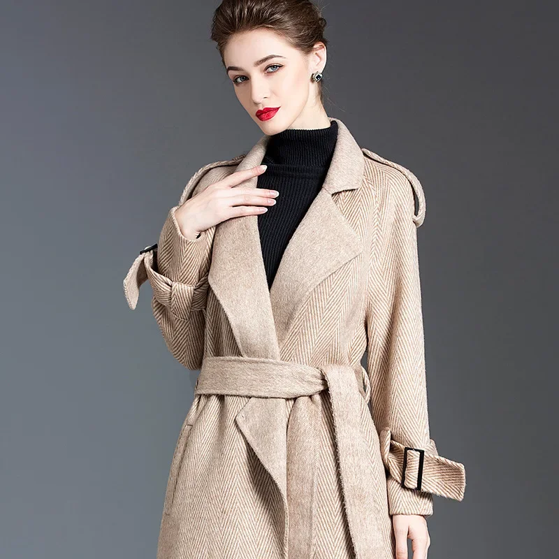 

Camel Blends Luxury Double-faced Cashmere Coats Women 2024 Autumn Winter Over The Knee Lenth Texture Woolen Epaulettes Waist Tie