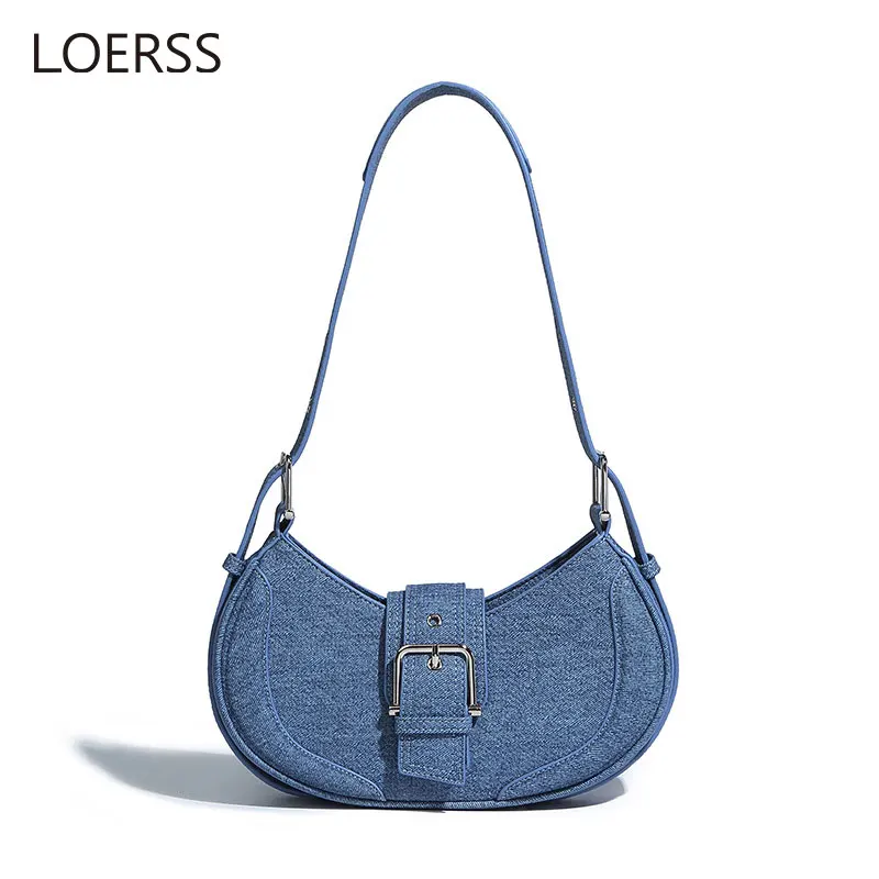 LOERSS-bolsa jeans ajustável para mulheres, bolsa de ombro vintage, moda jeans, bolsa meia lua, bolsa axilas casual, feminina