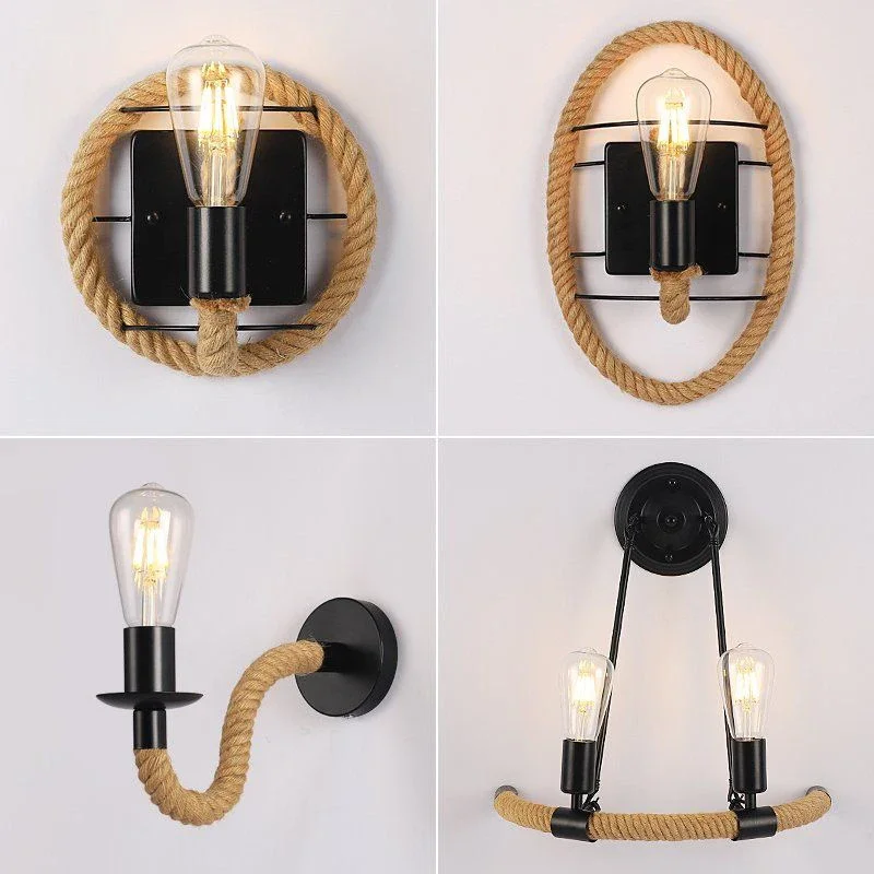 

Hemp Rope Industrial Wall Sconce Black E27 Indoor Lighting Dining Room Bedside Lamp Vintage Wall Sconce Creative Home Decoration