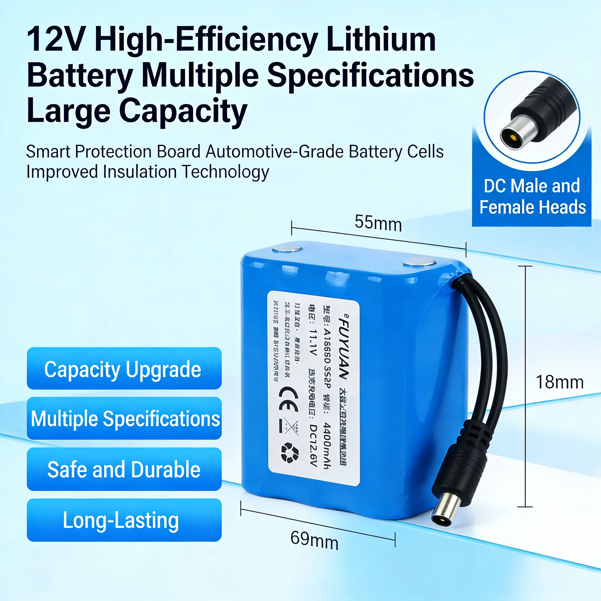 

12V 20Ah-50Ah 3S5P 18650 Lithium Ion Battery Pack with BMS + Charger Super Large Capacity Rechargeable DC12.6V
