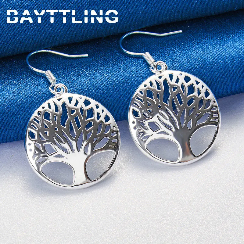 

BAYTTLING New 925 Sterling Silver 40MM Hollow Round Tree Earrings For Women Fashion Wedding Gift Earrings Jewelry Accessories