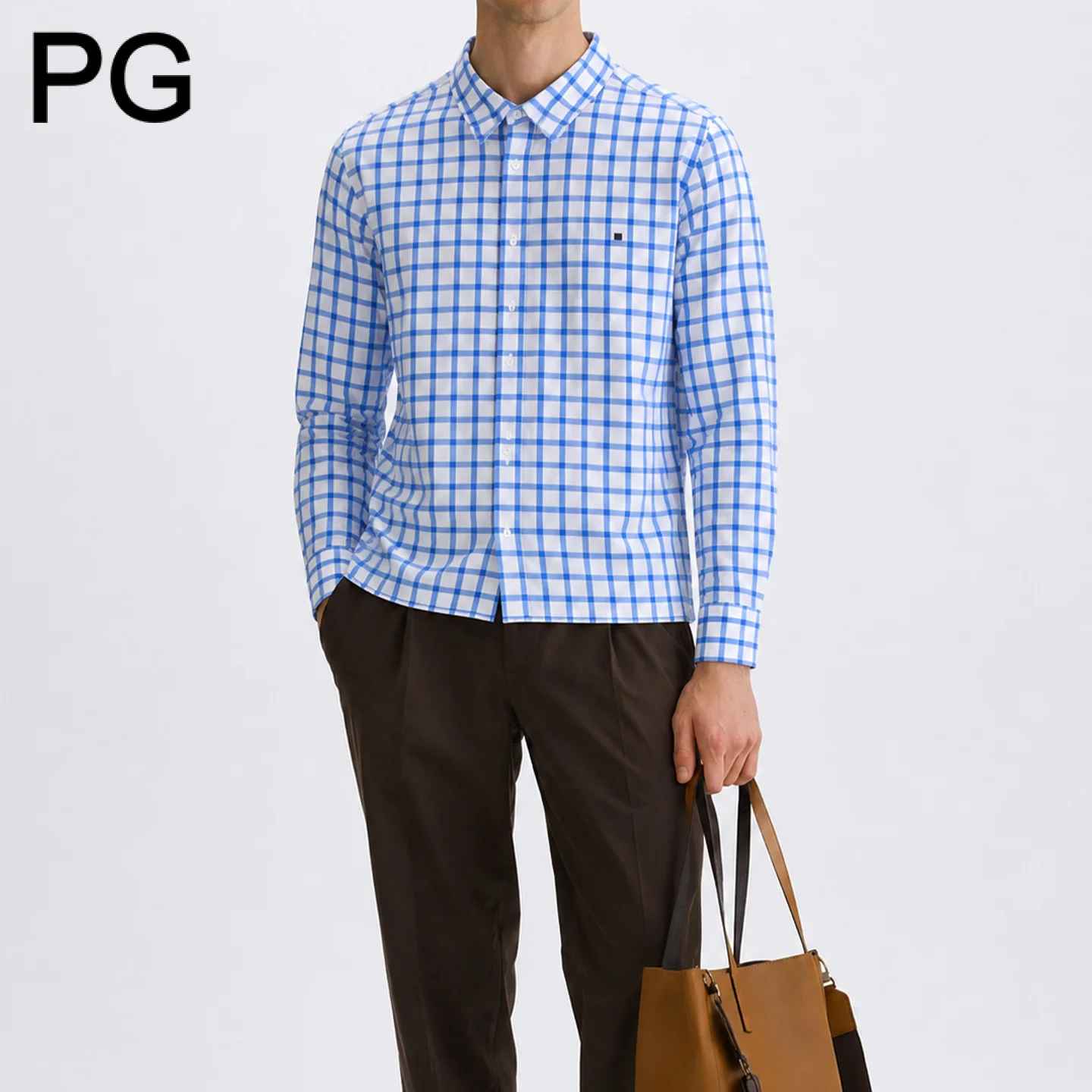 PG Mens Blue White Windowpane Check Long Sleeve Shirts Lapel Collar Button Front Slim Fit Straight Hem Embroidered Detail Tops