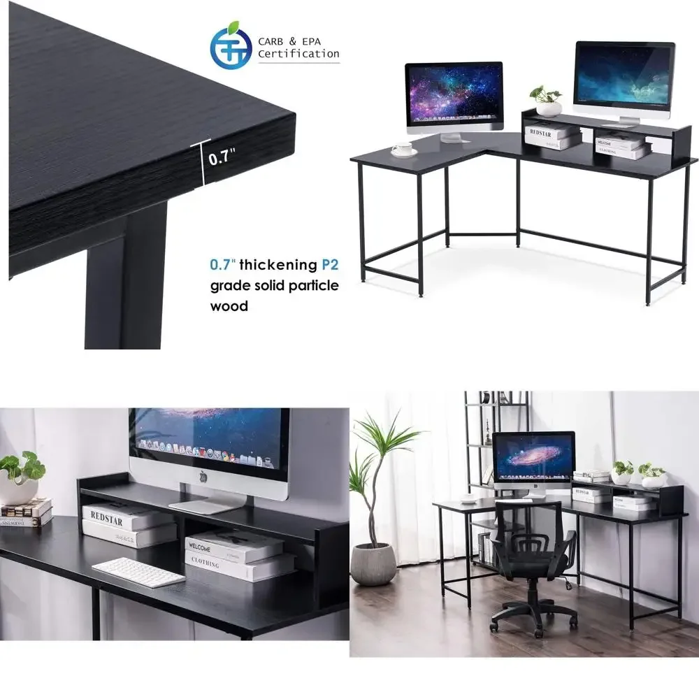 L-Shaped Gaming Desk with Reversible Monitor Stand for Small Spaces, Ideal for Home Office or Living Room (Black)