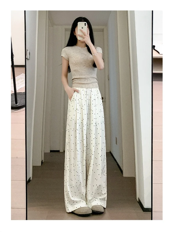 White Polka Dot Wide Leg Pants Women's Summer Thin Casual Bf Lazy Sle Small Size Loose Samba Pants High Waist Straight Leg