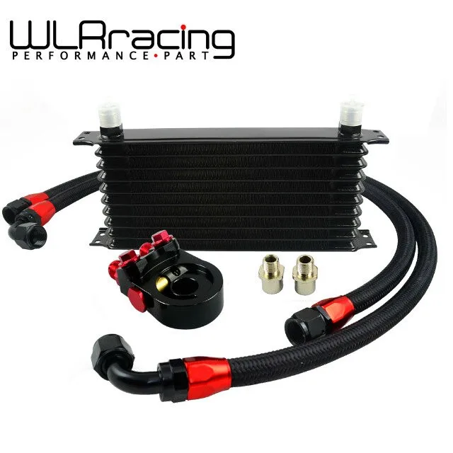 

WLR - Universal 10 ROWS Trust type OIL COOLER+AN10 Oil Sandwich Plate Adapter with Thermostat+2PCS BRAIDED HOSE LINE BLACK