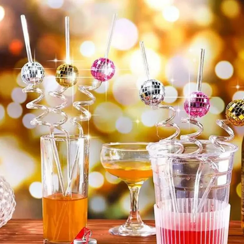 5pcs Retro Style Disco Ball Straw Color Light Ball Drinking Straws Disco Happy Birthday Decoration Disco Ball Party Supplies