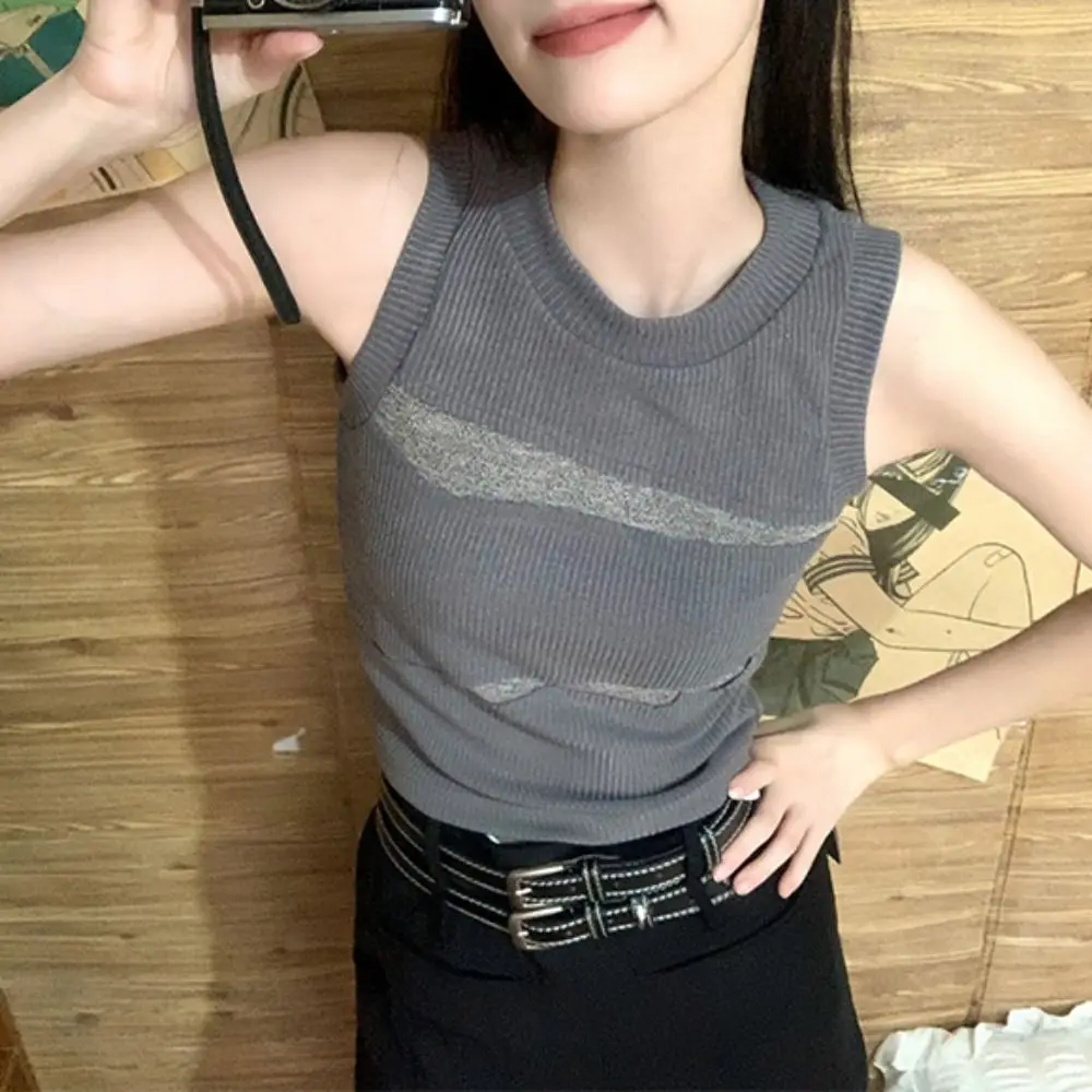 

Korean Style Patchwork Slim Crop Top Round Neck Y2K Women's Vest Top Streetwear Tank Sleeveless Camisole Girl