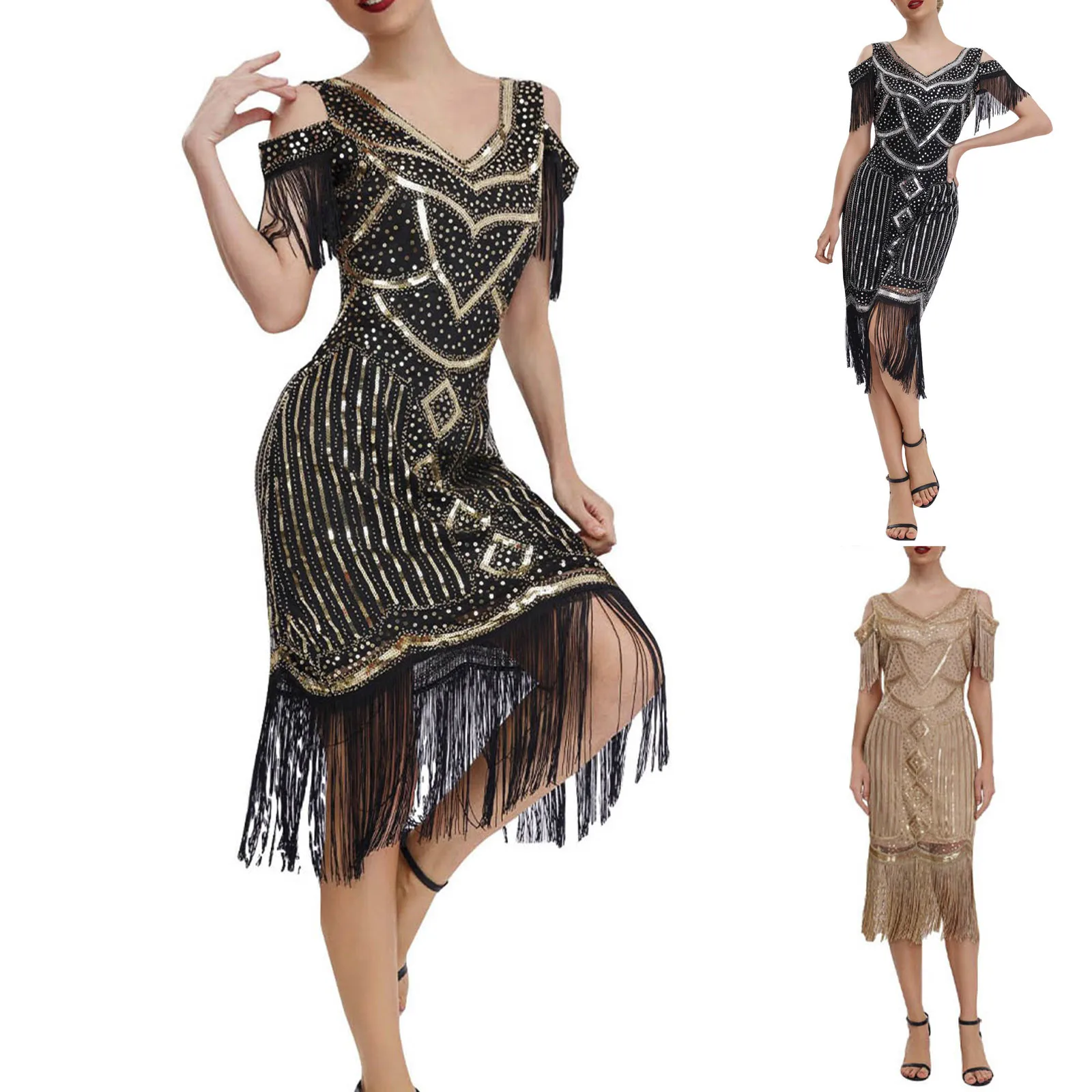 Vestido Vintage de los años 20 y 1920 para mujer, traje de noche con flecos y lentejuelas del gran Gatsby, Vestidos de cóctel