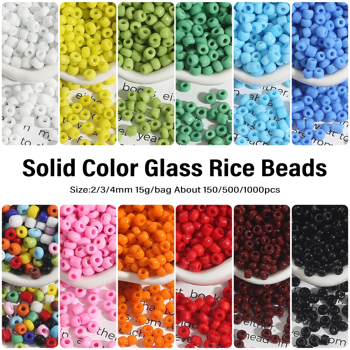 2/3/4mm Solid Color Glass Rice Beads For Artware Decoration Necklace Bracelet DIY Jewelry Making About 15g/bag 150/500/1000pcs